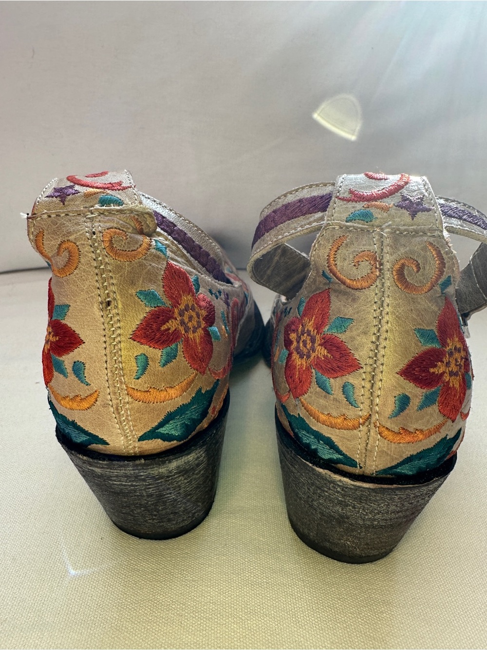 Old Gringo “Deborah Tico” Beige Leather Floral Embroidered T-Strap Bootie - Picture 6 of 9